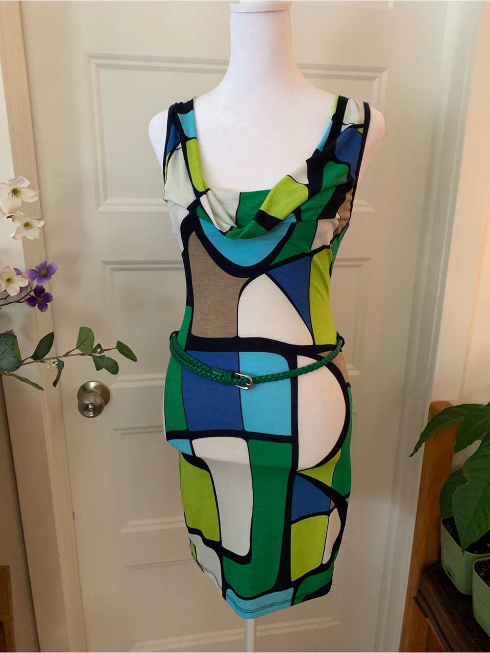 Just Me,Women's sleevless Geometric Cowl Neck Bodycon Dress in Blue, Gre